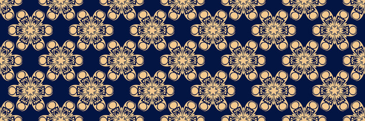 Floral print. Golden pattern on dark blue seamless background