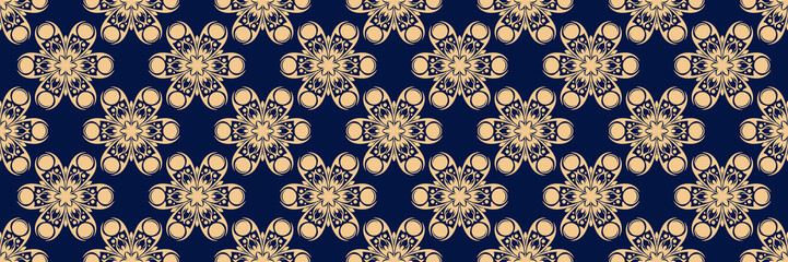 Floral print. Golden pattern on dark blue seamless background