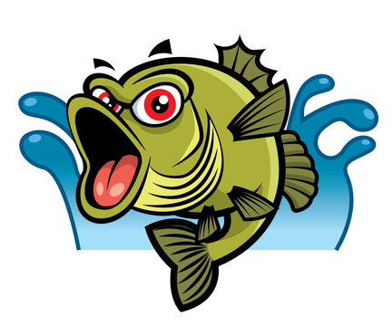 Cartoon Cute big red eyes bass fish character. Water splash background - vector mascot