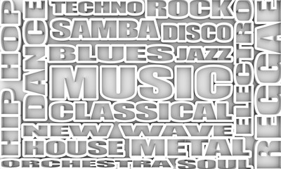 main music genres clouds list outline tags. 3D rendering.