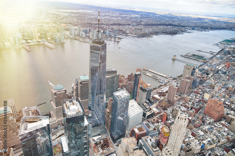 Sticker New York City from helicopter point of view. Downtown Manhattan skyscrapers on a cloudy day