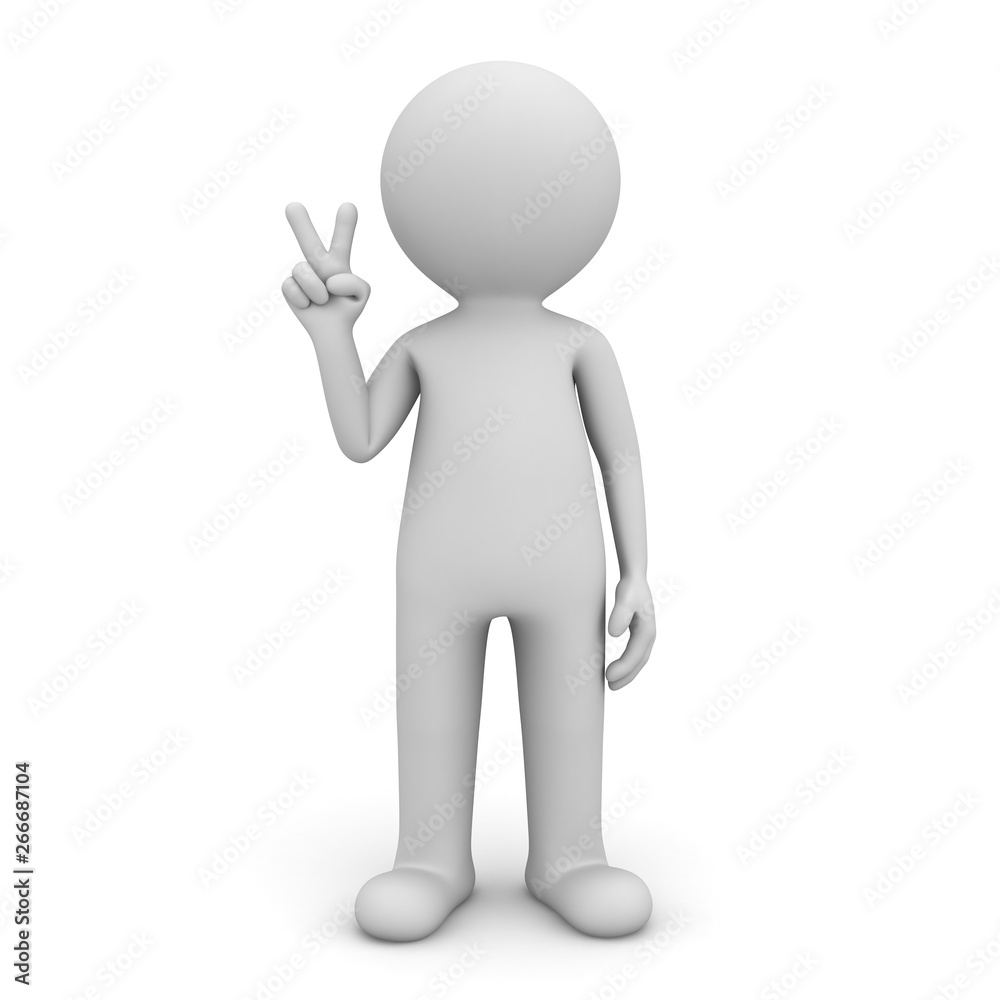 Wall mural 3d man standing and showing victory sign gesture isolated over white background with shadow 3d rende