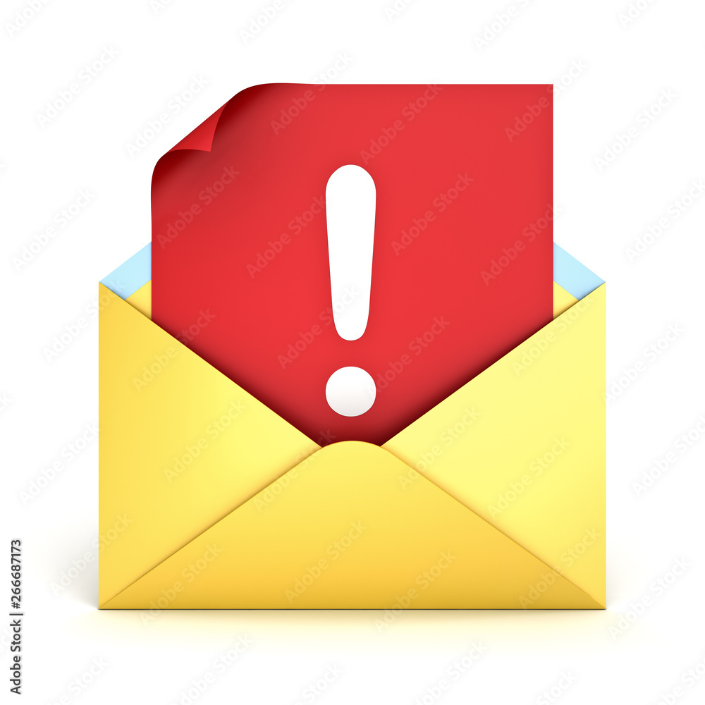 Aufkleber Alert e mail message concept Exclamation mark on red paper in yellow envelope isolated on white background with shadow 3D rendering