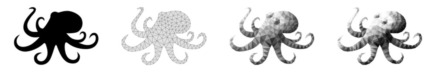 Set of greyscale sea octopuses in low poly style and black devilfish silhouette isolated on white background; Monochrome abstract ocean Octopoda; Vector illustration