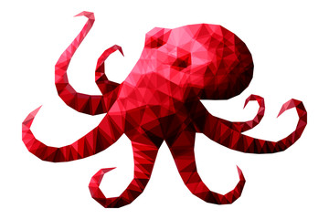 Beautiful sea red octopus in low poly style isolated on white background; Modern poster with scarlet devilfish; Abstract ocean Octopoda; Vector illustration