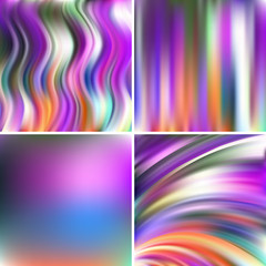 Set of four square backgrounds. Abstract vector illustration of colorful background with blurred light lines. Curved lines. Pink, blue, white colors.