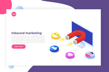 Inbound, Online or permission marketing, sales generation. Flat isometric vector illustration.