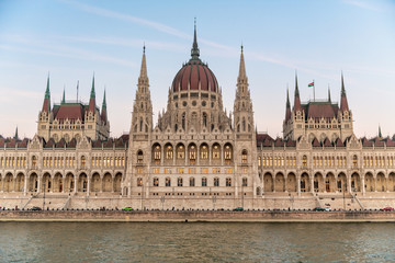 Fototapeta premium Budapest Hungarian Parliament as seen from Danube River at dusk