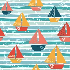 Fototapete Meereswellen Nahtloses Muster mit Booten. Vektorillustration mit Segelbooten