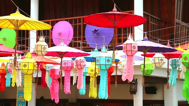 multi color lamps and umbrella in northern Thailand Hanging decoration outdoor
