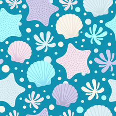Seamless vector pattern with seashells, water plant and starfishes in soft colors.