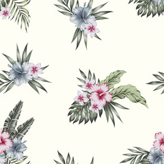 Tropical flowers leaves composition seamless pattern white background