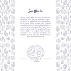 Sea World Banner Template with Place for Text and Underwater Natural Elements Pattern, Undersea World with Seaweed and Seashells Vector Illustration