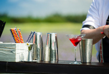 selective focus on cold red cocktail in martini glass on bar counter. Concept of vacation, summer holidays and relaxing