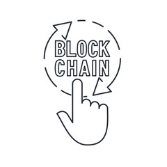 Hand pressing a button with the text blockchain . Vector linear icon.