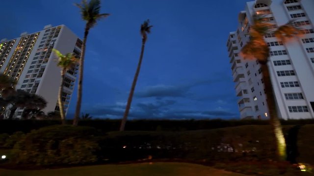 Boca Raton buildings as seen from a moving car at night, Florida