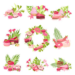 Collection of compositions from flowers and sweets. Vector illustration on white background.