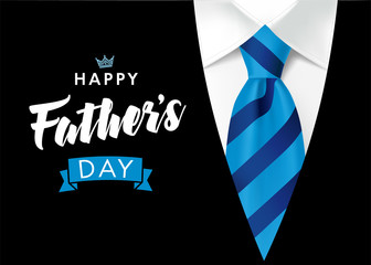 Happy Father’s Day greeting card. Banner concept with blue striped necktie and men's suit on background for father day. Vector illustration
