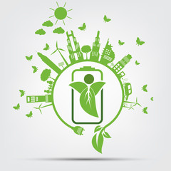 Green Energy Concept.Ecology Leaves Battery,vector illustration