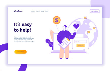 Vector donation service banner with big people, heart, earth, volunteering man