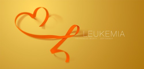 Leukemia Awareness Calligraphy Poster Design. Realistic Orange Ribbon. September is Cancer Awareness Month. Vector