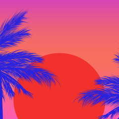 silhouettes of palm trees on a gradient background with red sun. Sintwave.