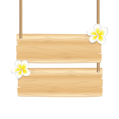 blank hanging wooden sign with frangipani tropical flowers isolated on white background vector illustration EPS10