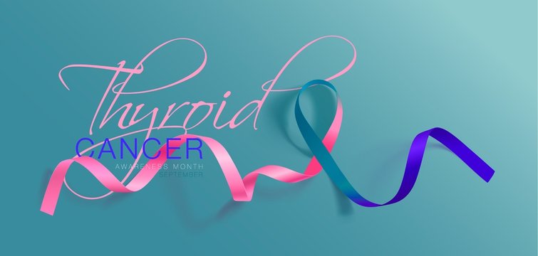 Thyroid Cancer Awareness Calligraphy Poster Design. Realistic Teal and Pink and Blue Ribbon. September is Cancer Awareness Month. Vector