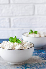 Cottage cheese with mint leaves on a light background in white bowl