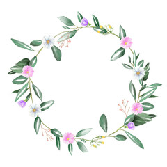 Watercolor frame of flowers, vine, leaf. Botanic ornament concept. Isolated illustration for your unique decoration with greeting card, valentine card, wedding card. Clipping path included.