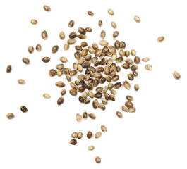 Hemp seeds isolated on white background, top view