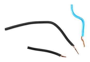 Colorful insulated wires isolated on white background, top view