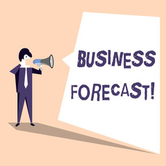 Handwriting text Business Forecast. Conceptual photo estimate or prediction of future developments in business Businessman Shouting on Megaphone and Blank White Uneven Shape Speech Bubble