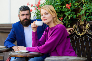 Couple terrace drinking coffee. Casual meet acquaintance public place. Meeting people first date....