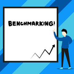 Text sign showing Benchmarking. Business photo text evaluate something by comparison with standard or scores