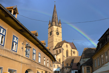 Fototapeta na wymiar Rainbow On Sibiu Medieval Old Town, Romania