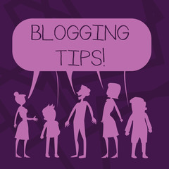 Text sign showing Blogging Tips. Business photo showcasing Ideas on how improve the discussion or informational website Silhouette Figure of People Talking and Sharing One Colorful Speech Bubble