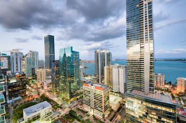 Amazing night skyline of Downtown MIami. Wide angle view of city skyscrapers on a cloudy morning