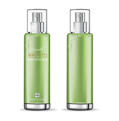 Cucumber cosmetics collection Vector realistic. Moisturizer hydration cosmetics. Product packaging mockup. Detailed green bottles with label design. 3d template illustrations