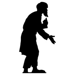 Beggar old man with a beard (grandfather), hunched, black silhouette on white background