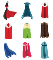Cloaks party clothing and capes costume set. Outdoor fabric, over garment Vector flat style cartoon illustration isolated on white background.