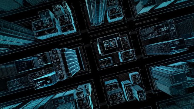 Intelligent Smart building in smart city, Aerial view,  IoT smart city x-ray view. 4k animation.