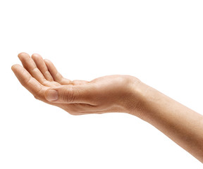Man's hand sign isolated on white background. Palm up, close up. High resolution product
