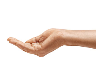 Man's hand sign isolated on white background. Palm up, close up. High resolution product