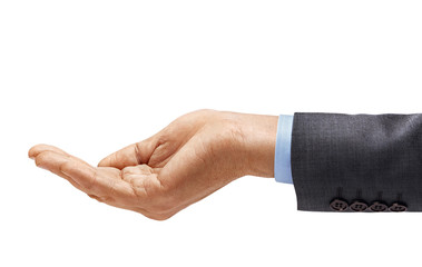 Man's hand in suit sign isolated on white background. Palm up, close up. High resolution product