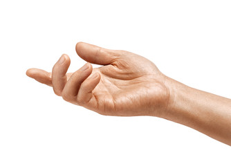 Man's hand sign isolated on white background. Palm up, close up. High resolution product