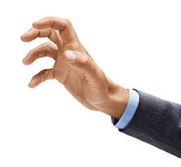 Man's hand in suit grabbing to something isolated on white background. Close up. High resolution product