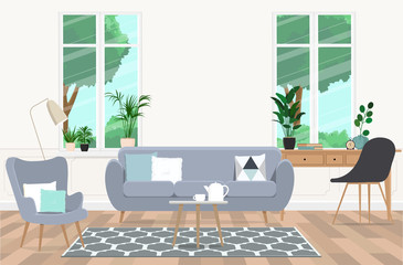 Interior design of a cozy living room with stylish furniture. Vector flat illustration.