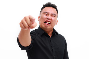 Fototapeta premium Angry asian man shouting and pointing finger isolated on white background