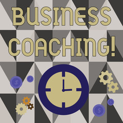 Handwriting text writing Business Coaching. Conceptual photo providing support and occasional advice to an individual Time Management Icons of Clock, Cog Wheel Gears and Dollar Currency Sign